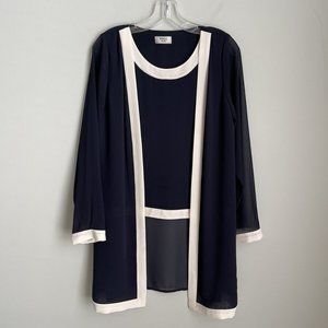 Weill Paris Navy Blue Ivory Trim Sheer Long Sleeve Twofer Blouse